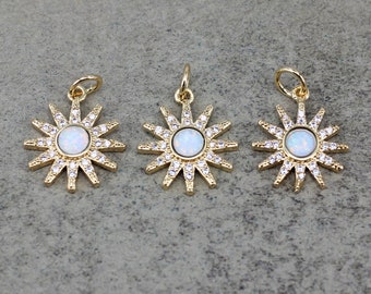 5 / 10pcs Dainty Opal Starburst Charm, Micro Pave CZ Sunburst Pendant,Opals Pendant,18K Gold Filled Sun Charm For DIY Jewelry Making , 14mm