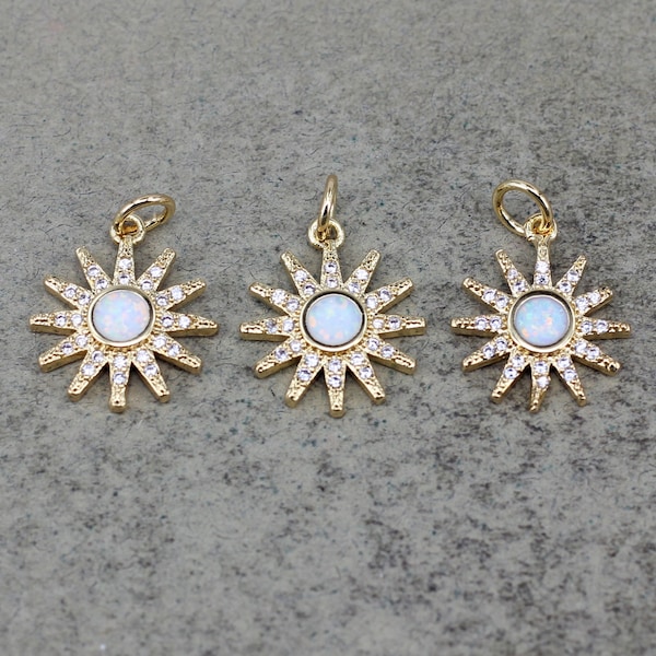 5 / 10Stk zierlicher Opal Starburst Anhänger, Micro Pave CZ Sunburst Anhänger, Opale Anhänger, 18K Gold filled Sun Charm für DIY Schmuckherstellung, 14mm