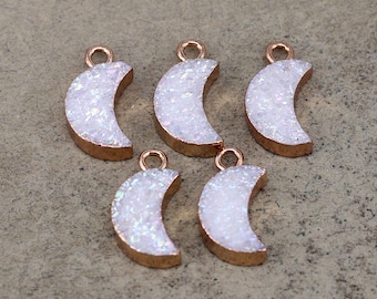 5pcs Natral Quartz Crescent Moon Druzy Charm in White AB,Druzy Quartz Moon Charm with Gold Electroplated Edge For Jewelry Making,9x12mm