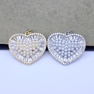 5pcs Paved Micro CZ and Pearl Love Heart Pendants For Jewelry Making,21*25mm