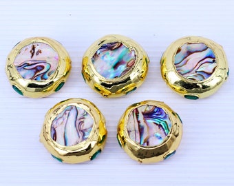 5 Stück Münze Form Natürliche Abalone Muschel Perlen mit Gold galvanisierten Kanten, Runde Form Abalone Muschel Lose Perlen Für Schmuckherstellung, 25mm