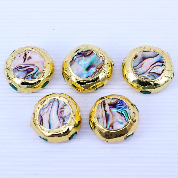 5 Stück Münze Form Natürliche Abalone Muschel Perlen mit Gold galvanisierten Kanten, Runde Form Abalone Muschel Lose Perlen Für Schmuckherstellung, 25mm
