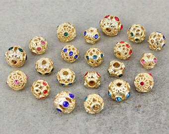 20pcs Gold Plated Round Ball Beads with Rhinestone Paved, Round Spacer Beads, Ball Spacer Beads For Necklace Bracelet Making