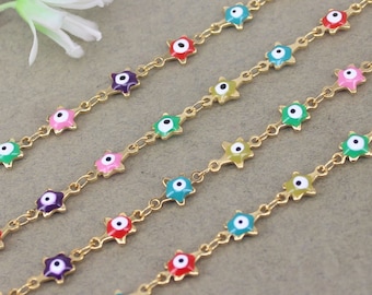 1/3/5 Meter 18K Gold Plated Star Beaded Chain, Colorful Enamel Evil Eye Chain, Colorful Beaded Chain for Summer Trending Jewelry Making