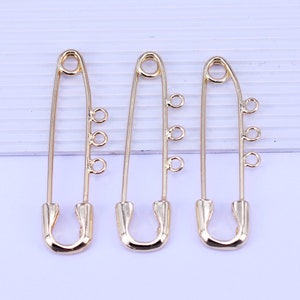 10pcs Gold Filled Safety Pin Charm With 3 Loops, Long Brooch Charms With 3 Loops, Brass Pin Brooch With 3 Loops, 3 Hole Safety Pin,12x39mm