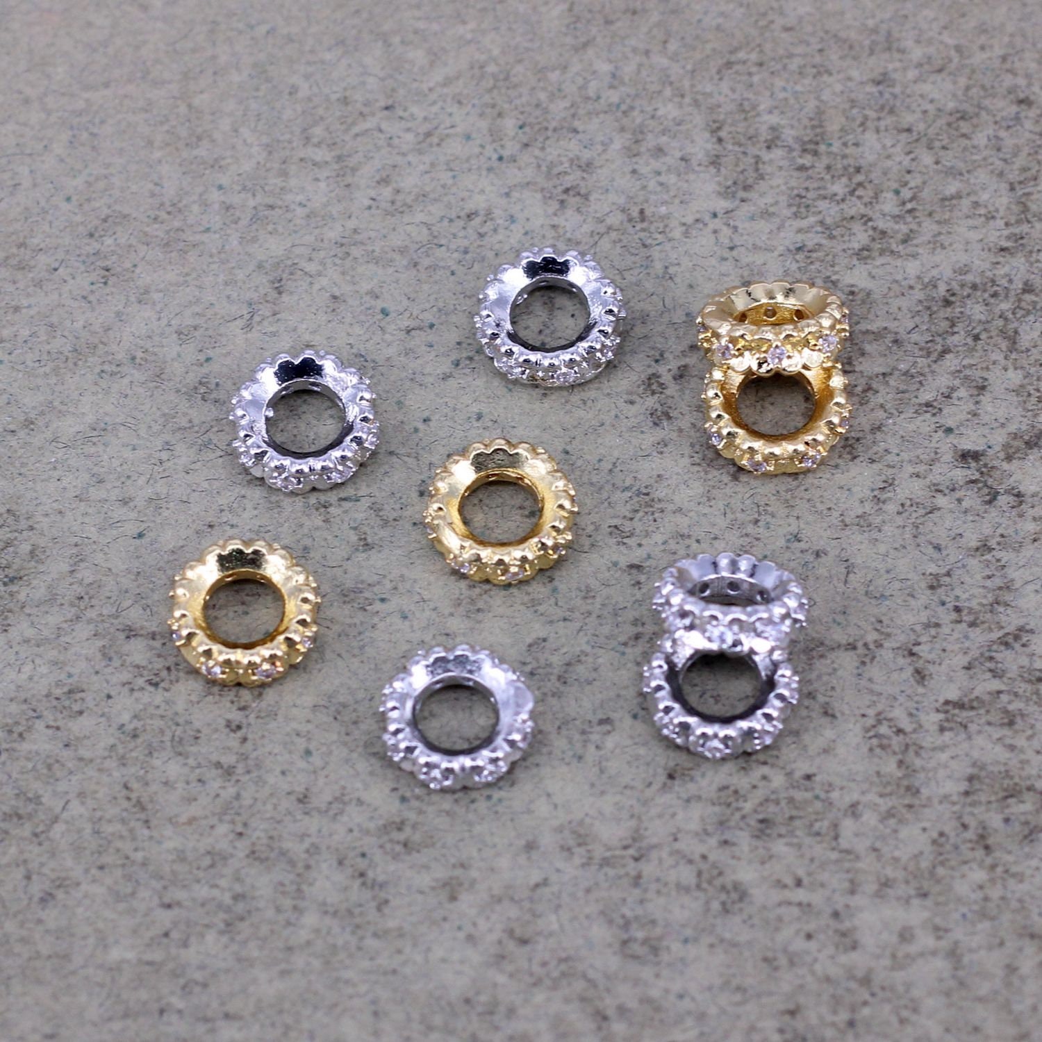 3 row Diamond 18k Solid Gold Large Hole Beads / Jewelry Making Findings for  Necklace or Charm Bracelet