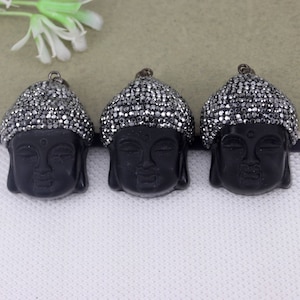 5pcs Black Obsidian Buddha Pendants with Rhinestone Paved, Carving Buddha Head Pendants for Jewelry Making