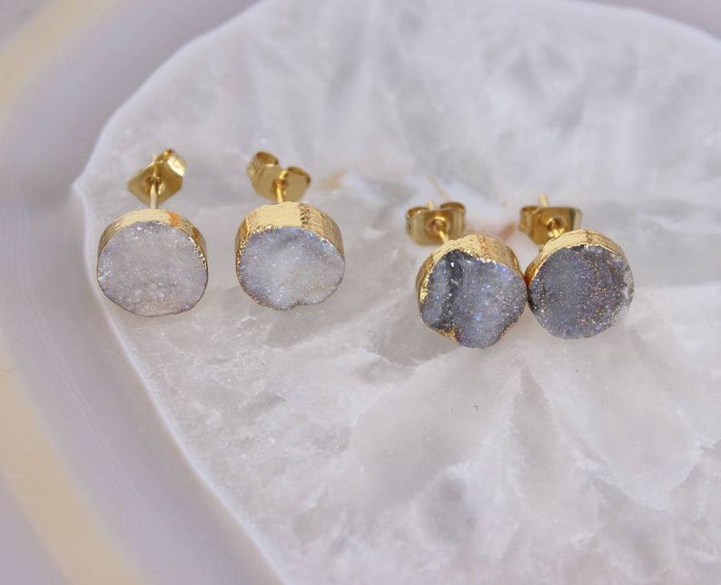 5 Pairs 9mm Natural Druzy Sun Agate Stud Earrings,Fashion Druzy Gemstone Stud Earrings,Gold Plated Druzy Earrings