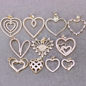 10pcs Fashion Mix Style 18K Gold Plated Micro Paved CZ Heart Pendants, Love Heart Pendants, Diamond Open Heart Pendants For Jewelry Making
