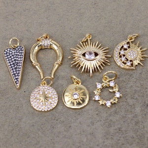 10pcs 24k Shiny Gold Micro Pave CZ pendant Charms,Necklace Charms For Jewelry Making