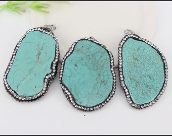 5pcs Turquoise Pendants,  Freeform  Turquoise Slab Pendant with Rhinestone Paved, Turquoise Slice Pendants for Jewelry Making