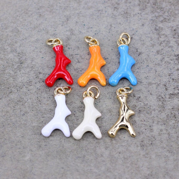 20pcs Enamel Brass Ocean Coral Charm, Gold Plated Coral Branch Charm for Jewelry making,9.5x14.5mm