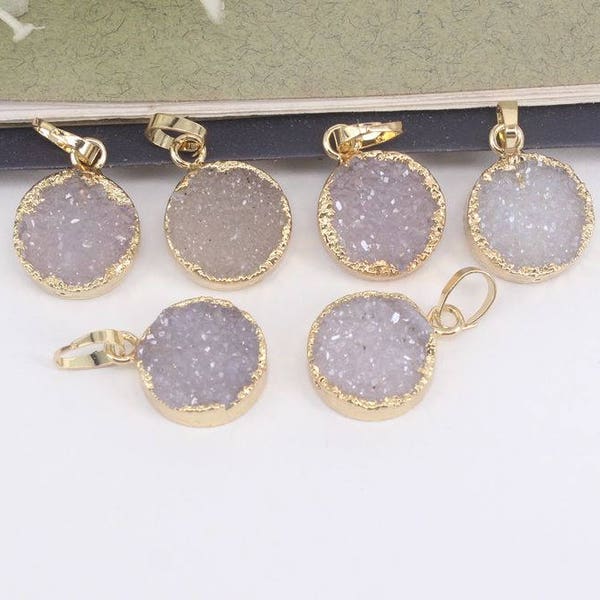 5pcs 12mm Forme ronde Naturelle Druzy Agate Quartz Pendentifs, Charme plaqué or Gemstone Druzy Pendentifs, Pour la fabrication de bijoux