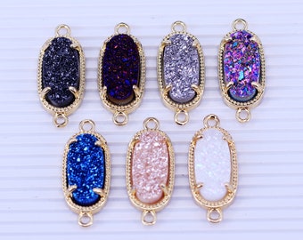 10pcs Gold Plated Natural Druzy Titanium Agate Oval Connector Beads For Jewelry Making,9*16mm