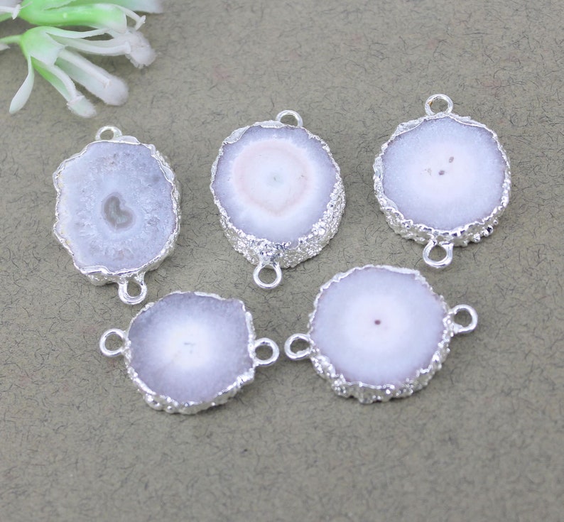 5pcs Natural Agate Slice Connectors,Silver Metal Natural Sun Flower Agate Connectors Beads For Making Jewelry