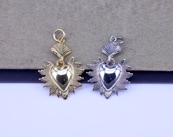 10 st. Elegant flammande heligt hjärta-hänge, Milagro hjärthänge för smyckestillverkning, 17 x 16 mm