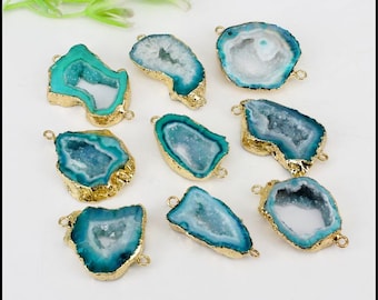 5pcs Druzy Geode Agate Slice Connectors ,Gold Plated Edge Geode agate Pendant in Green color, For Making Jewelry