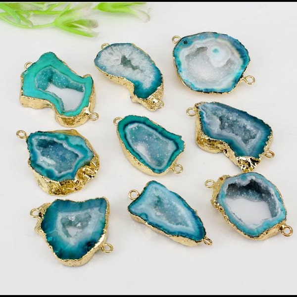 5pcs Druzy Geode Agate Slice Connectors ,Gold Plated Edge Geode agate Pendant in Green color, For Making Jewelry