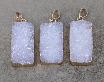 5pcs White Titanium AB Quartz Rectangle Pendant,Gold Filled Bar Pendant,Natural Druzy Gemstone Pendant for Making Jewelry Making,15x31mm