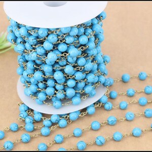 3-10 feet Blue Turquoise Style Beaded Chain,Wire Wrapped Beaded Chain,Turquoise beads size 6mm,for jewelry making