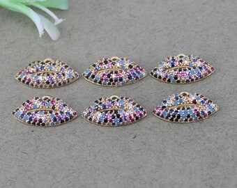 10pcs Small Size Metal Copper Micro Pave Multicolor CZ Lips pendant Beads,CZ Lips Charms For Jewelry Making