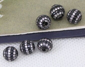 10-20pcs 10mm Black Plated Micro Pave White & Black CZ Round Ball Beads, Shamballa Ball Beads, Round Spacer Beads For Jewelry Making