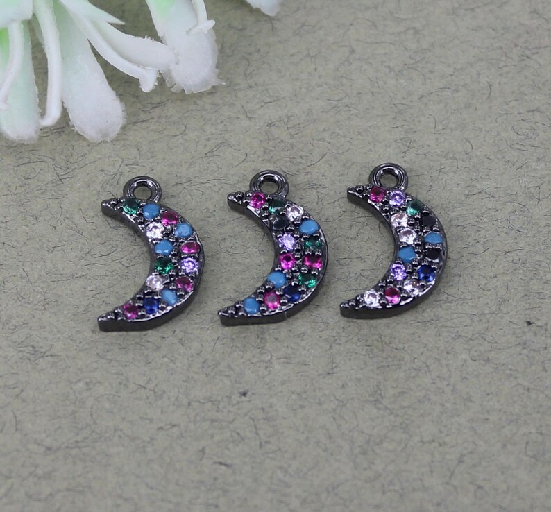 10-20pcs Micro Pave CZ Crescent Pendant,Black Metal Copper CZ Horn Charms For Jewelry Making