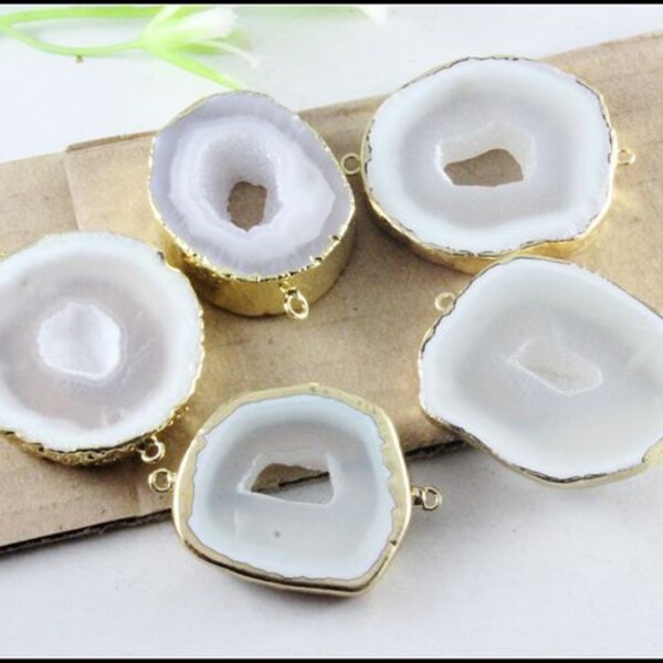 3-5pcs Gold tone Nature Druzy Geode Agate Slice Connector,Druzy Gemstone Connector in white,Druzy Agate Quartz Pendant Jewelry findings