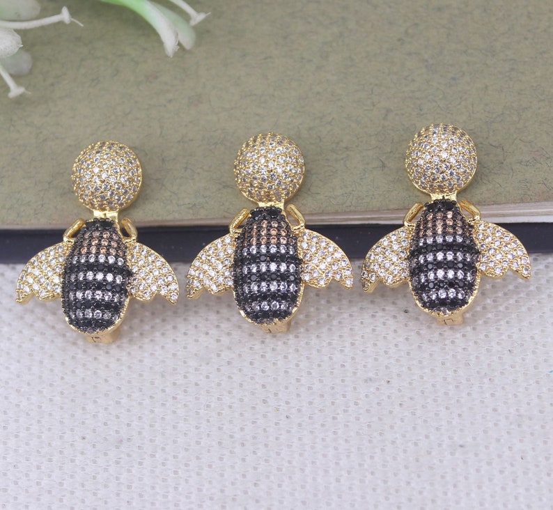 5pcs Metal Copper Micro Pave CZ Insect Bee pendant Beads,CZ Bee Clasps For Jewelry Making
