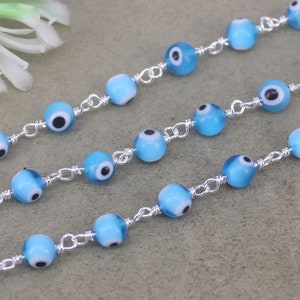 1/3/5 Metre Silver Plated Turkish Evil Eye Rosary Chain, Round Glass Chains, Blue Evil Eye Chain, Ball Evil Eye Chain for Jewelry Making,6mm