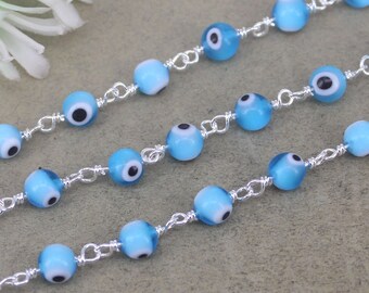 1/3/5 Metre Silver Plated Turkish Evil Eye Rosary Chain, Round Glass Chains, Blue Evil Eye Chain, Ball Evil Eye Chain for Jewelry Making,6mm