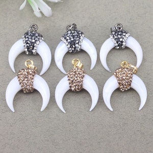 5-10pcs Fashion White Shell Crescent Charm, Rhinestone Paved Double Horn Charms, Natural White Shell Crescent Moon Charm for Jewelry Making