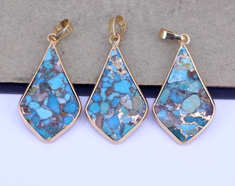 5pcs Gold Plated Blue Copper Turquoise Rhombus Pendants, Turquoise Pendants For Jewelry Making