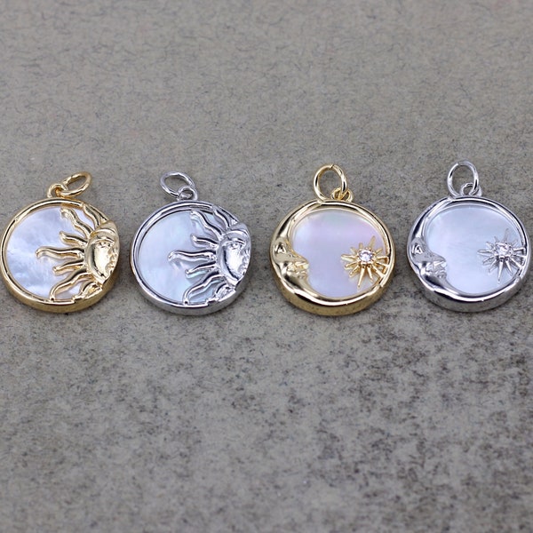 10pcs Sun / Crescent Charm with Mother of Pearl Backing,Sun Charm,MOP Charm,Moon Charm,Gold Filled Charm,Coin Mother of Pearl Charm,15mm