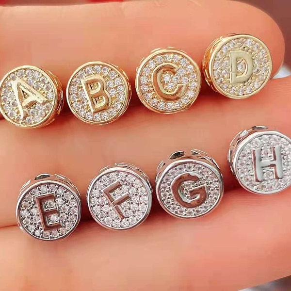 10pcs Both Sides Micro Pave CZ Alphabet Letter Spacer Beads, Round Shape Letter Beads, Name Beads, Gold Filled Initial Beads, Alphabet Beads