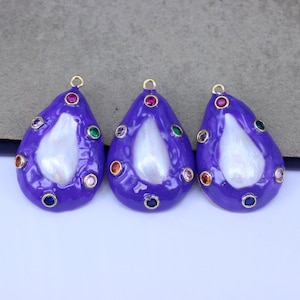 2pcs Purple Enamel Drop Shape Natural Pearl Pendants with Colourful CZ Paved, Gold Natural Baroque Pearl Pendants For Jewelry Making,24X34mm