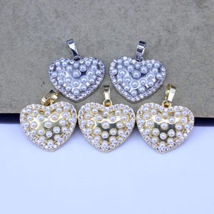 10pcs Fashion Paved CZ and Pearl Heart Pendants for DIY Jewelry Making Supply 16x18mm