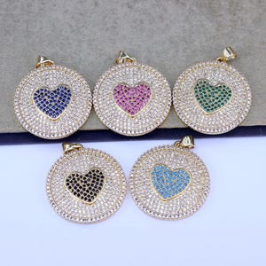 5pcs Real 18K Gold Plated Micro Pave White CZ Round Pendant with Colorful CZ Paved Heart for Necklace DIY making,25mm
