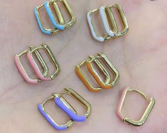 10Pairs Gold Plated Colorful Enamel Rectangle shape huggie hoop earrings