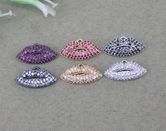10pcs Micro Pave White CZ Mini Lips Charms, Add-on Charm For Jewelry Making
