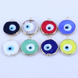 10pcs Gold Plated Murano Glass Evil Eye Pendants, Round Shape Murano Glass Evil Eye Charms, Lucky Charm, Protection Charm For Jewelry Making