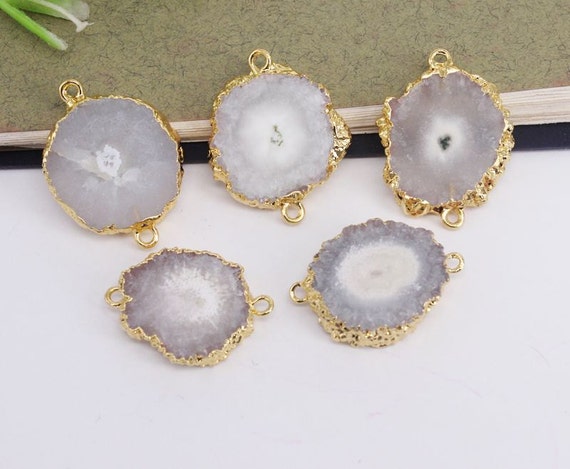 5pcs Druzy Agate Slice Connectors,gold Metal Natural Druzy Gemstone Sun  Flower Connectors Beads in White Color,for Making Jewelry 