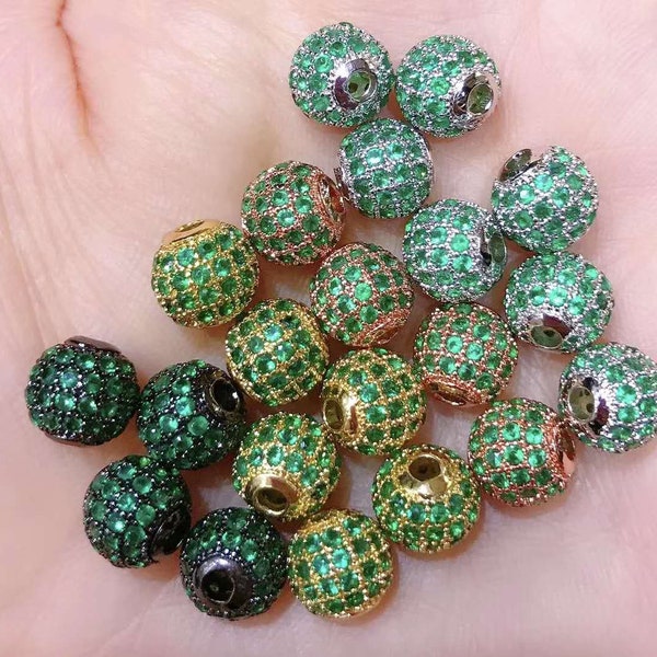 10pcs 6/8/10mm Metal Copper Round shape Micro Pave Green CZ Loose Beads,Cubic Zirconia Connector perles For Jewelry Making