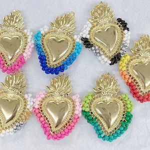 5pcs Sacred Heart Pendant with Glass Seed Beads Twisted Around, Flaming Heart Pendant For Jewelry Making,38*52mm