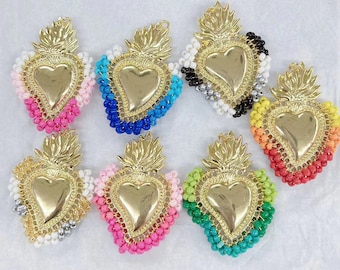 5pcs Sacred Heart Pendant with Glass Seed Beads Twisted Around, Flaming Heart Pendant For Jewelry Making,38*52mm