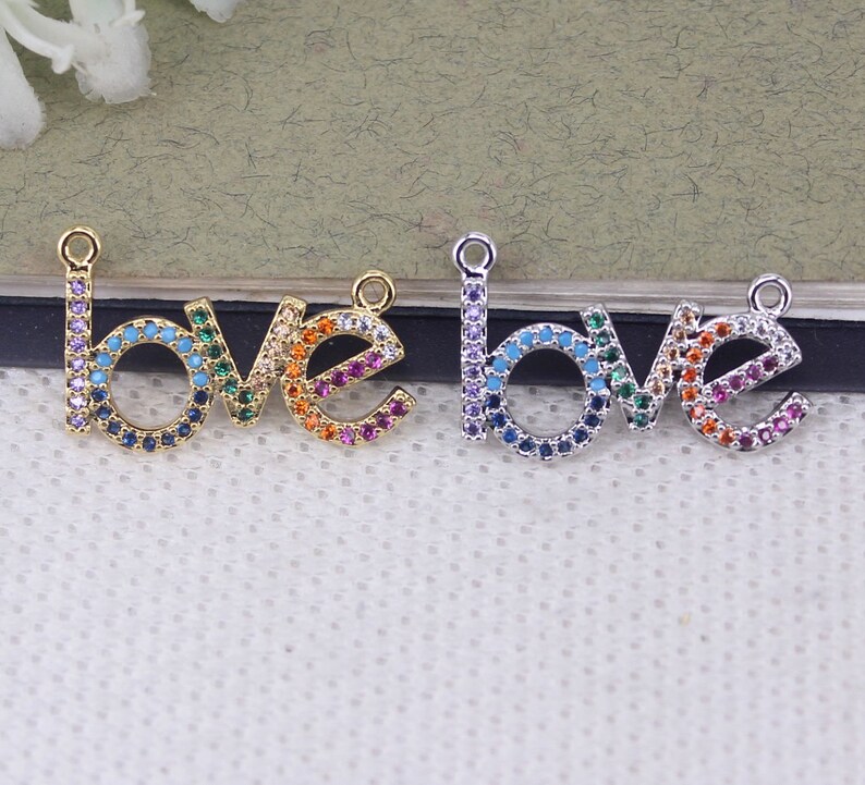 10pcs Metal Copper Micro Pave CZ LOVE Letters pendant Beads with Double Bails For Jewelry Making
