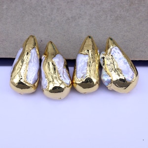 5pcs Gold Plated Teardrop Beads Paved Natural White Baroque Pearl,Natural Freshwater Pearl Beads For Necklace Pendants Making