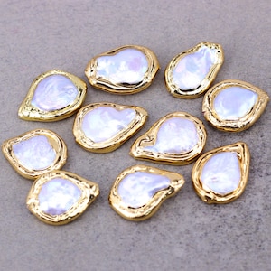 10pcs Natural Irregular Freshwater Pearl Beads with Gold Plated Edge, White Flat Genuine Pearl Beads, Baroque Pearl Beads For Jewelry making