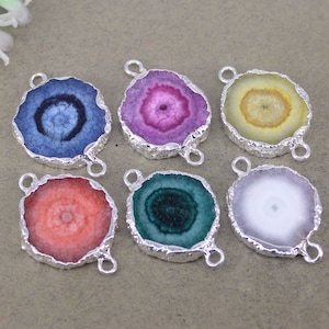 5pcs Natural Agate Slice Connectors,Silver Metal Natural Sun Flower Agate Connectors Beads For Making Jewelry