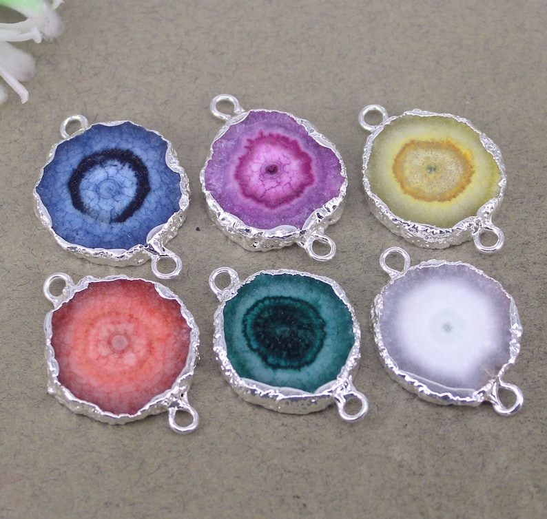 5pcs Natural Agate Slice Connectors,Silver Metal Natural Sun Flower Agate Connectors Beads For Making Jewelry